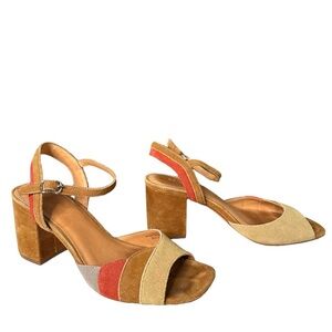 Anthropologie | Bill Blass Suede Square Open Toe Block Heel Sandals Size 6.5